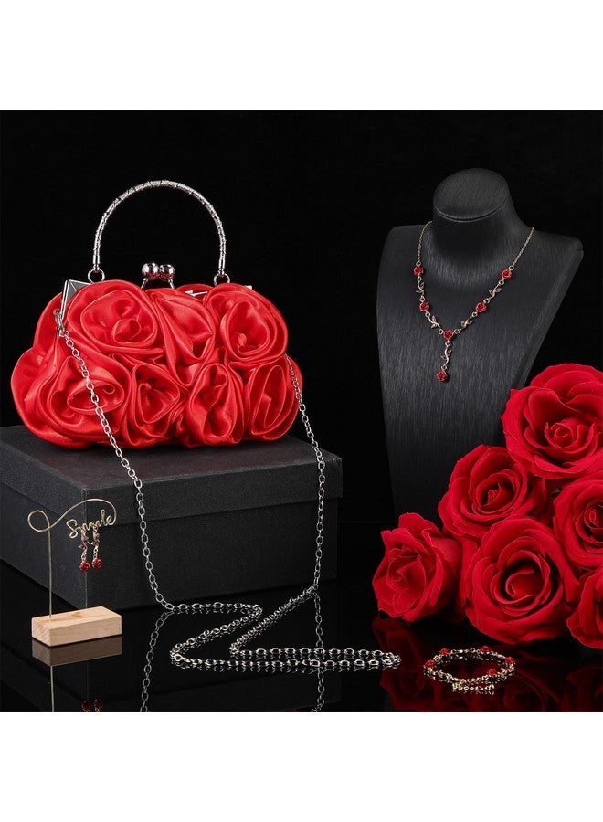Hicarer 5 Pcs Women Roses Clutch Purse With Detachable Strap Money Clip Rose Jewelry Set Satin Red Flower Evening Handbag Gold Rose Necklace Earrings Bracelet For Wedding Gifts  - Image 4