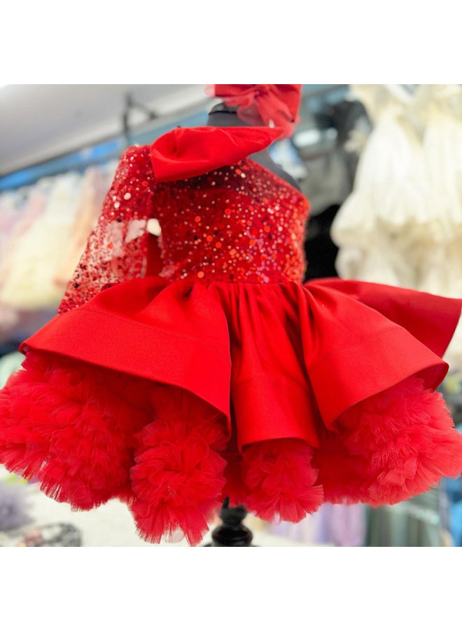 Girls' Dress One-shoulder Big Bow Long Sleeve Princess Dress Birthday Girl Baby Sequins Puffy Skirt