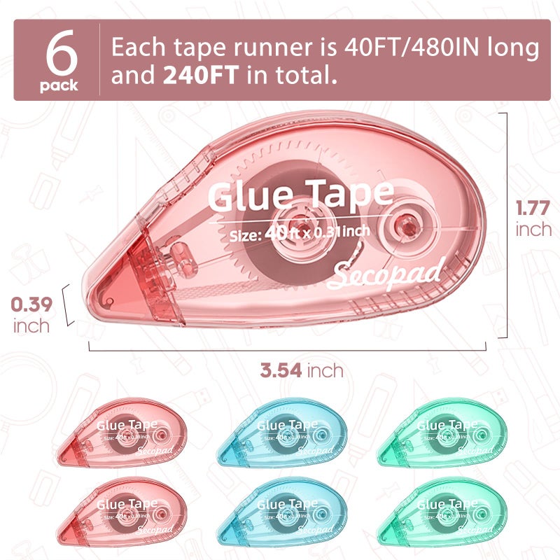 Secopad 1.5X Longer Scrapbook Tape, 6 Pack Double Sided Tape Roller for Crafts, Adhesive Glue Runner for School Office Teacher Journal Supplies, Glue Roller for Kids and Adults, 240FT Total - Image 5