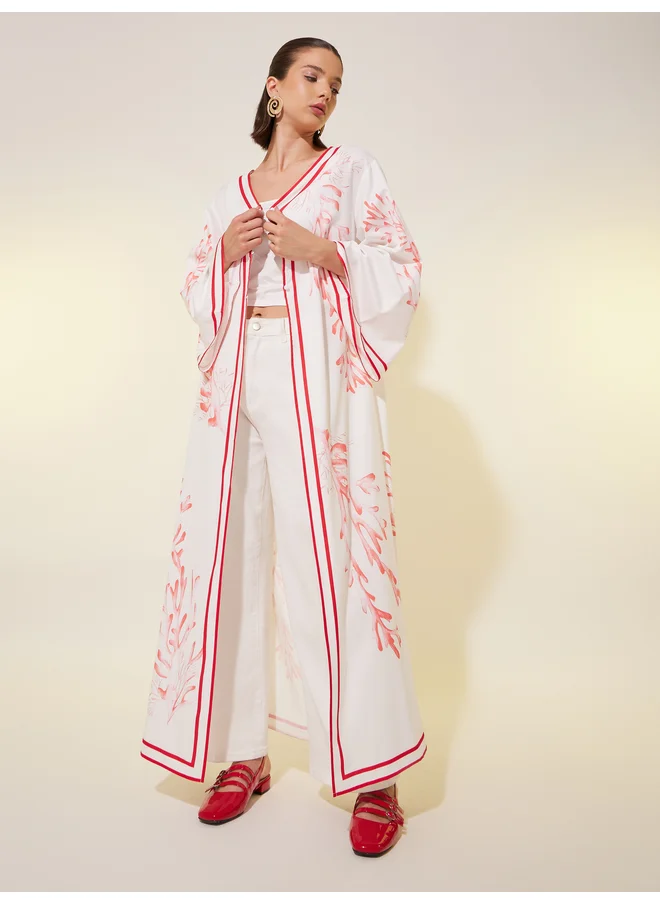 Take Two Take Two Printed V Neck Maxi Kimono with Button Detail