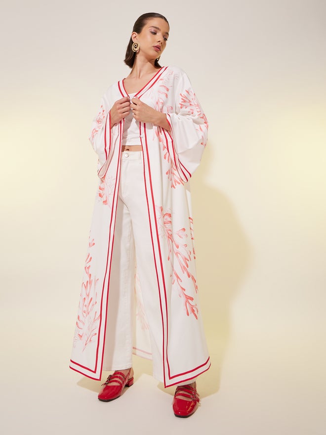 Styli Styli Printed V Neck Maxi Kimono with Button Detail  - Image 2