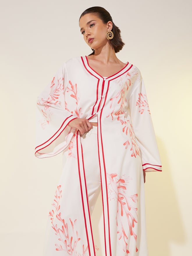 Styli Styli Printed V Neck Maxi Kimono with Button Detail  - Image 3