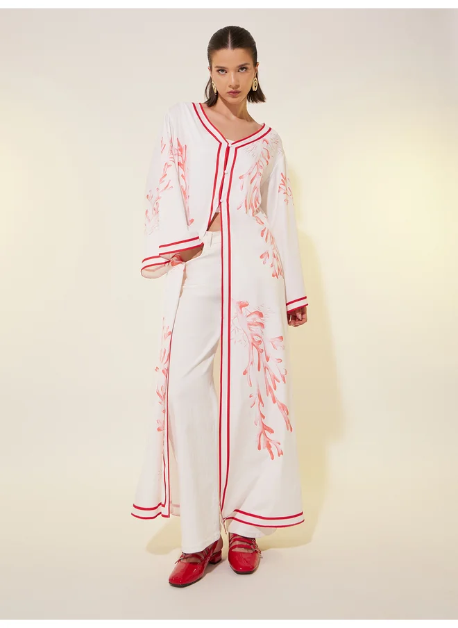Take Two Take Two Printed V Neck Maxi Kimono with Button Detail