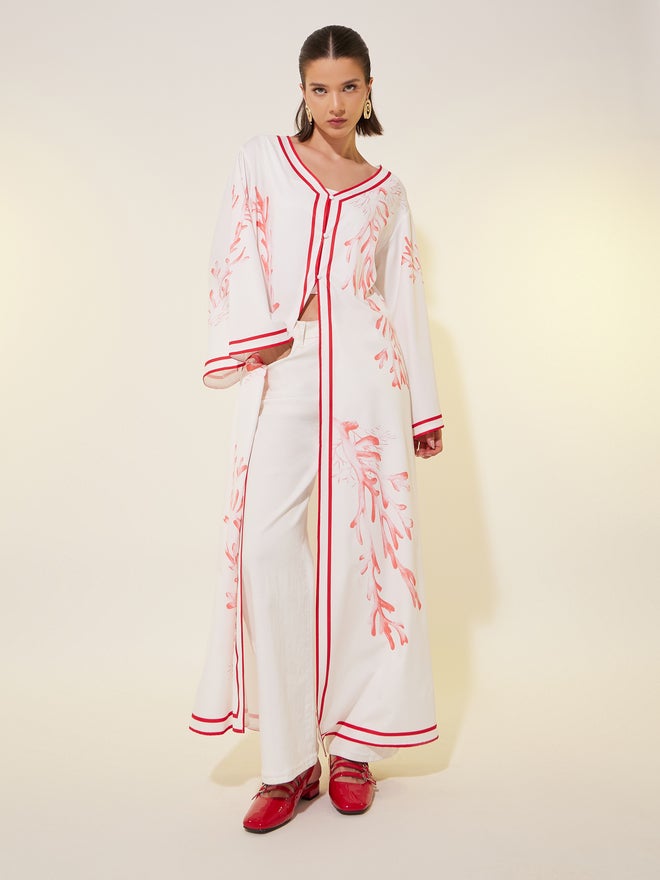 Styli Styli Printed V Neck Maxi Kimono with Button Detail  - Image 1