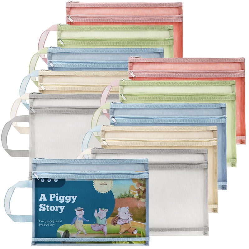 Goaste 10 Pack Mesh Zipper Pouch Bags, Double-Layer Nylon Mesh Bags with Handle, Portable Puzzle Building Block Sets Toy Storage Bags, Colored A4 Document Storage Organizer for School Office Games - Image 1