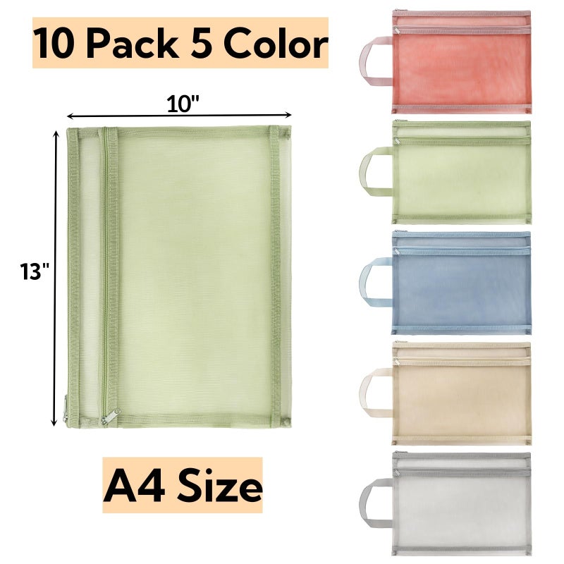 Goaste 10 Pack Mesh Zipper Pouch Bags, Double-Layer Nylon Mesh Bags with Handle, Portable Puzzle Building Block Sets Toy Storage Bags, Colored A4 Document Storage Organizer for School Office Games - Image 2