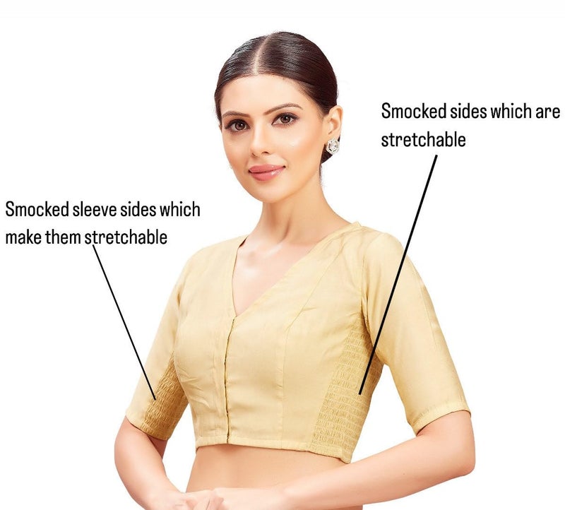 Studio Shringaar Women Cotton Silk Half Sleeve Stretchable (Smocked) Readymade Saree Blouse (Gold, 36) - Image 2