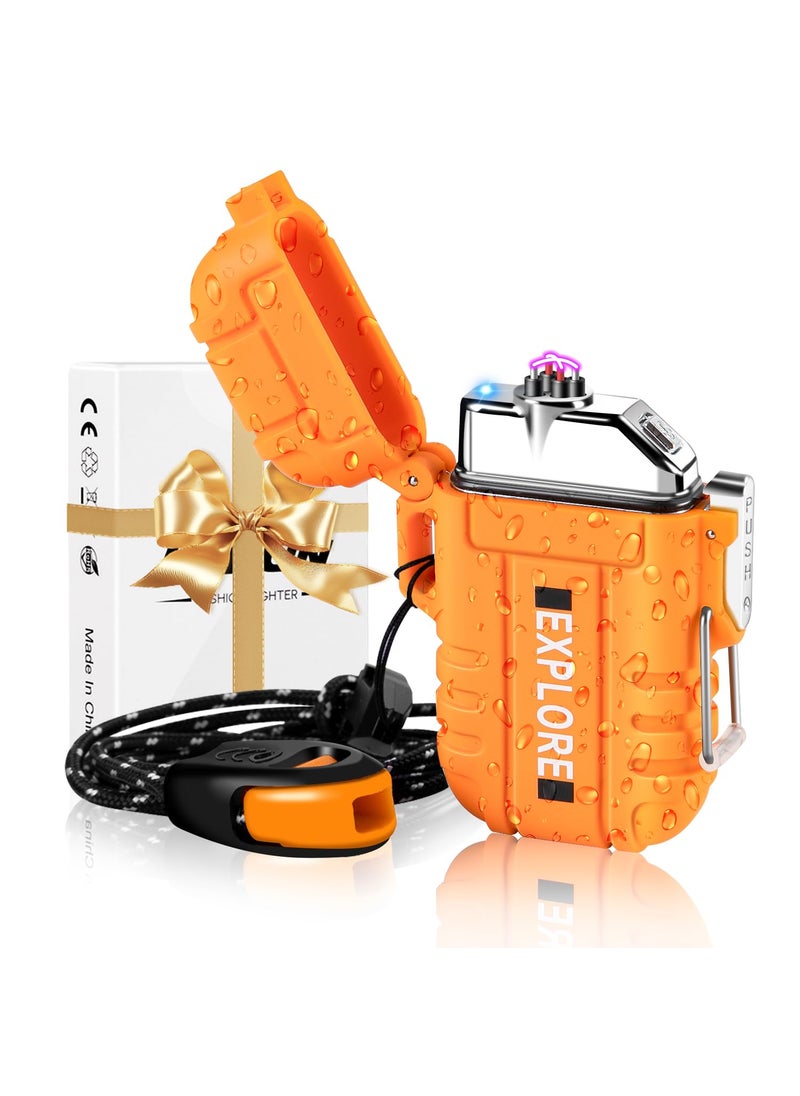 LCFUN Gifts for Men, Plasma Lighter Waterproof Arc Lighter Windproof USB Electric Lighter Rechargeable with Emergency Whistle for Hiking Camping Adventure Survival & Tactical (Orange)  - Image 1