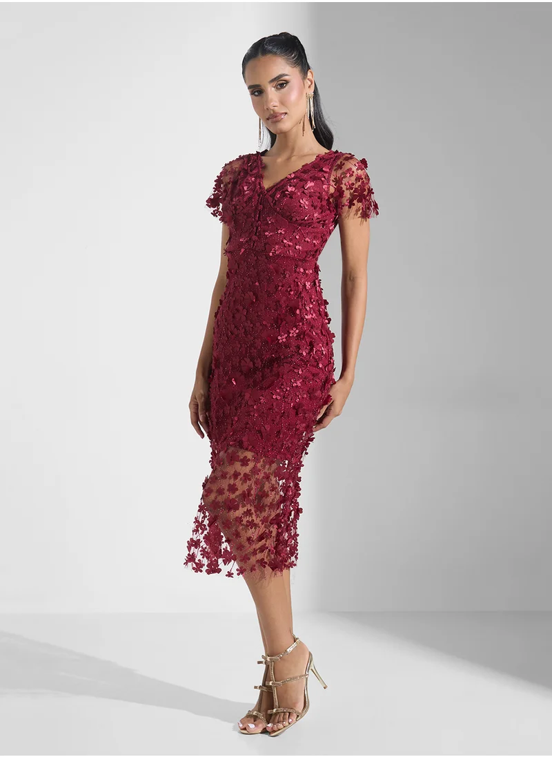 Ginger Boutique 3D Floral Applique Tulle Midi Dress