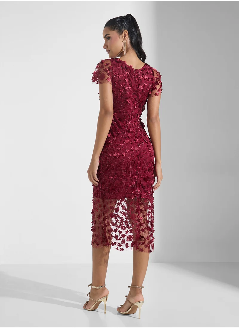 جينجر بوتيك 3D Floral Applique Tulle Midi Dress