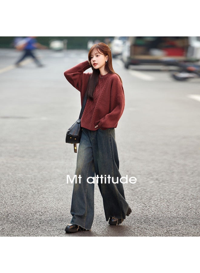 Mt Spring And Autumn Retro Style Cable Knit Sweater, Round Neck Pullover, Pee Women's Knit Top - Image 1