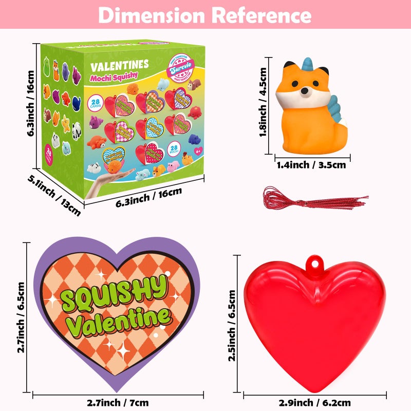 SURCVIO 28 Pack Valentines Day Gifts for Kids, Animal Mochi Squishies Filled Heart-Shape Box and Greeting Cards Kawaii Squishies Stress Relief Fidget Toys Classroom Exchange Party Favors Prizes Gifts - Image 3