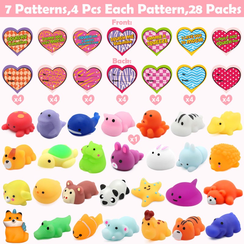 SURCVIO 28 Pack Valentines Day Gifts for Kids, Animal Mochi Squishies Filled Heart-Shape Box and Greeting Cards Kawaii Squishies Stress Relief Fidget Toys Classroom Exchange Party Favors Prizes Gifts - Image 2