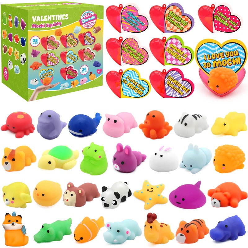 SURCVIO 28 Pack Valentines Day Gifts for Kids, Animal Mochi Squishies Filled Heart-Shape Box and Greeting Cards Kawaii Squishies Stress Relief Fidget Toys Classroom Exchange Party Favors Prizes Gifts - Image 1