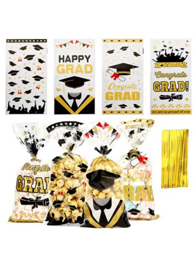 fantasize Graduation Treat Bags, Graduation Cellophane Treat Bags, 100 PCS Graduations Gift Bag, Plastic Clear Cello Candy Cookie Snack Goodies Bag with 100 Pcs Gold Ties for Graduations Party Favors Supplies, 4 Styles - Image 1