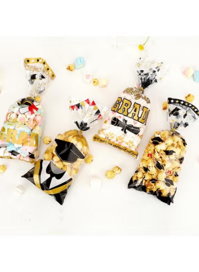 fantasize Graduation Treat Bags, Graduation Cellophane Treat Bags, 100 PCS Graduations Gift Bag, Plastic Clear Cello Candy Cookie Snack Goodies Bag with 100 Pcs Gold Ties for Graduations Party Favors Supplies, 4 Styles - Image 3