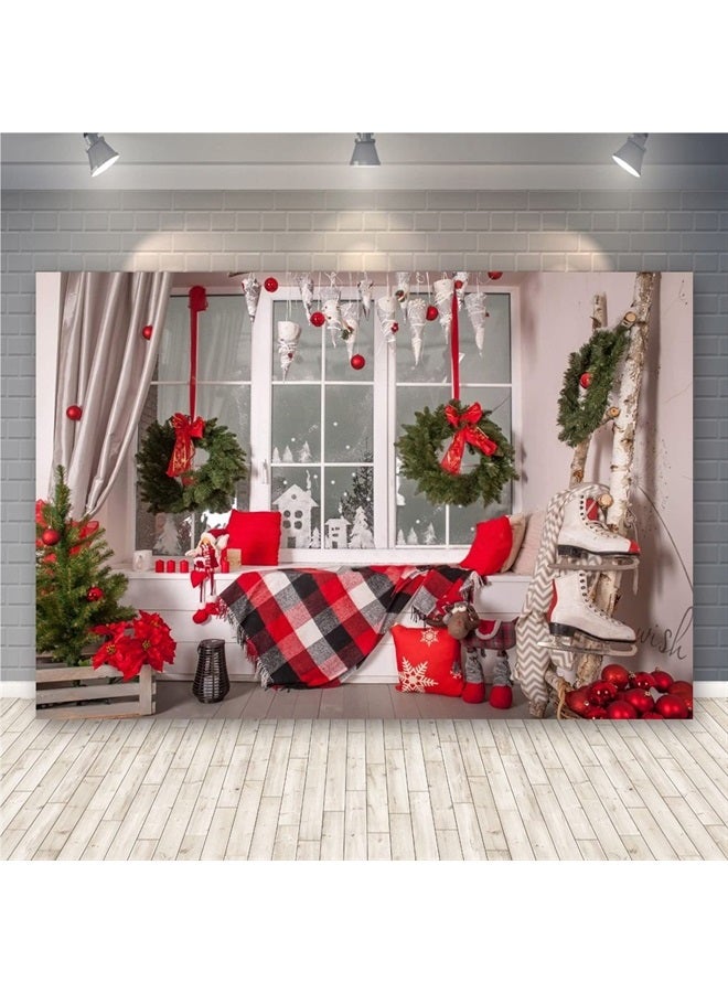 Laeacco Christmas Backdrop 10x8ft Indoor Windowsill Christmas Window Photo Backdrop Red Checked Scarf Xmas Tree Wreath Red Pillows Ice Skates Xmas Party Photo Background Child Kids Baby Portrait Shoot