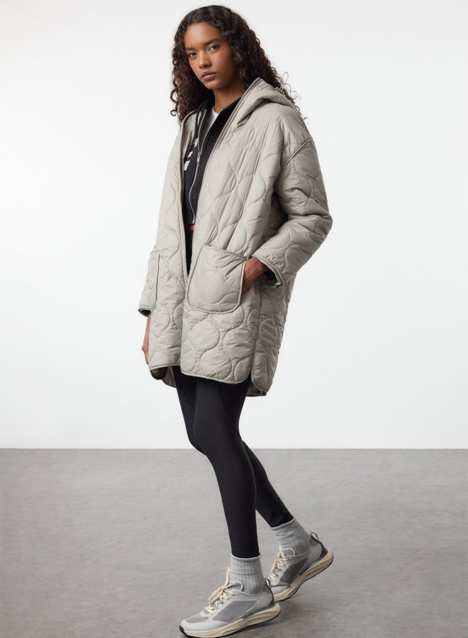 trendyol Oversize Hooded Stone Quilted Coat - Image 2