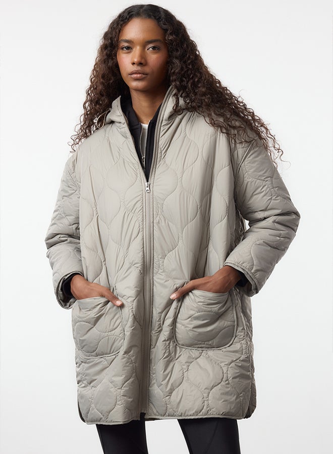 trendyol Oversize Hooded Stone Quilted Coat - Image 1