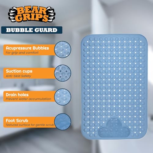 BEAR GRIPS BubbleGuard Anti-Slip Bathroom Shower mat with Anti-Skid Suction Cups and Foot Scrub | TPE Material | Large Size 80 X 50 Cm| Sky Blue - Image 3
