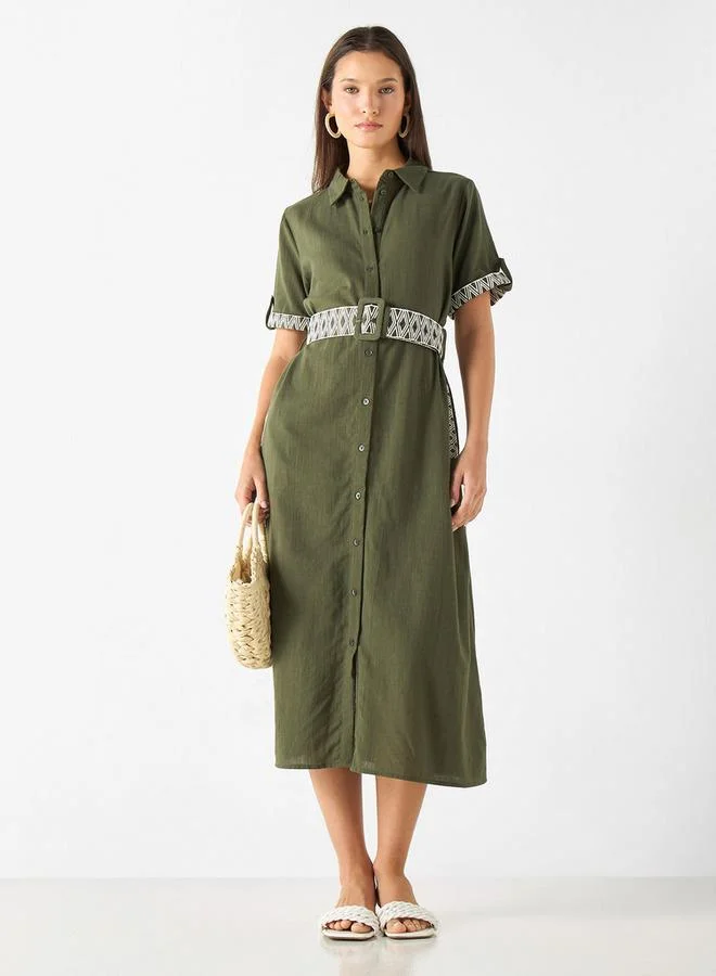 2Xtremz 2Xtremz Embroidered Midi Shirt Dress with Collar and Adjustable Belt