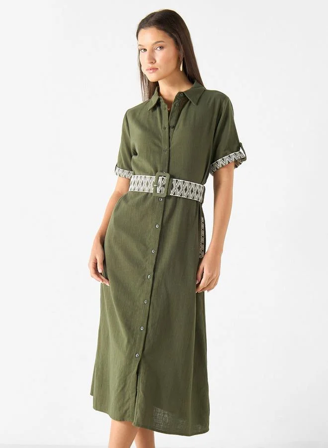2Xtremz 2Xtremz Embroidered Midi Shirt Dress with Collar and Adjustable Belt