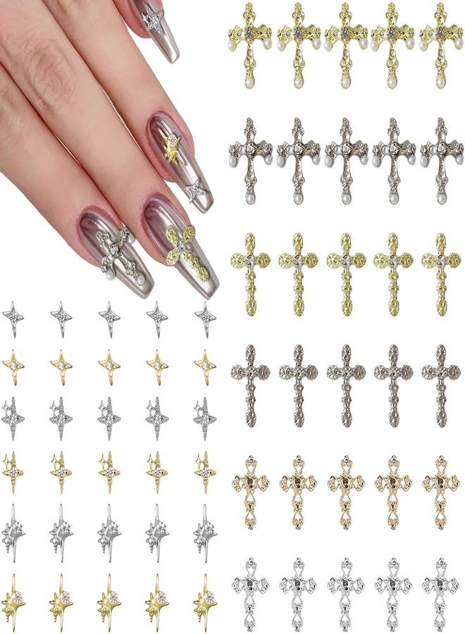 Kurilai 60pcs Cross Nail Charms - 3D Star Nail Decorations, Cross Metal Pearl Rhinestones for Women, DIY Jewelry & Cellphone Crafts (Gold+Silver) - Image 1