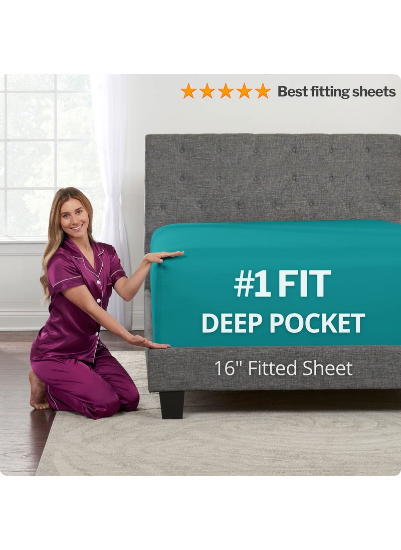 King Size Sheets Set - Sheets for King Size Bed Deep Pocket King Size Sheets - King Size Bed Sheets - Real 16  Deep Pockets Fitted Sheet - Oversize Flat Sheet - 2 Zipper Closure Pillowcases - Teal