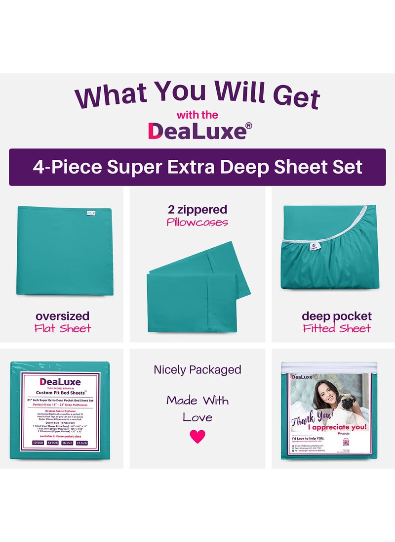 King Size Sheets Set - Sheets for King Size Bed Deep Pocket King Size Sheets - King Size Bed Sheets - Real 16  Deep Pockets Fitted Sheet - Oversize Flat Sheet - 2 Zipper Closure Pillowcases - Teal