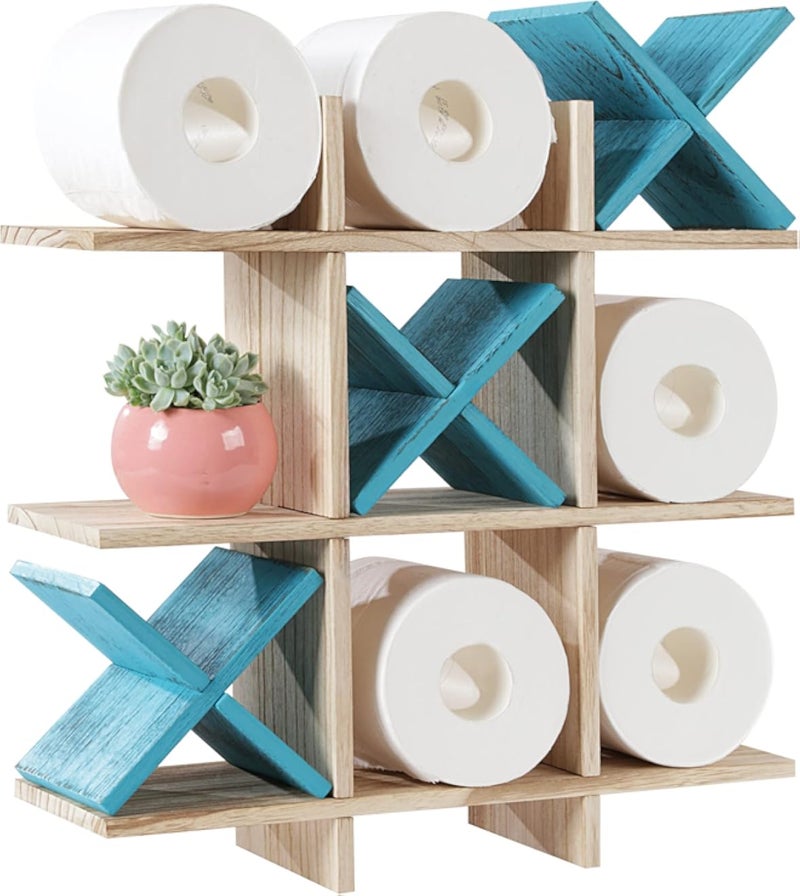 HOMBYS Tic Tac Toe Toilet Paper Holder for Bathroom,Rustic Wooden Storage Shelves for Toilet Tissue in Distressed Brown Color,Freestanding or Wall Mount Bath Shelves for Your Farmhouse DÃ©cor