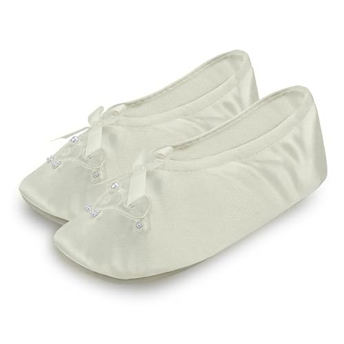 isotoner Girls Satin Ballerina with Embroidered Pearl Ballet Flat, Ivory, 13-1 Toddler - Image 3