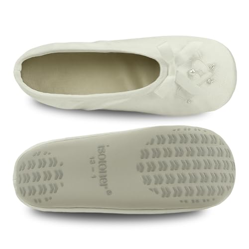 isotoner Girls Satin Ballerina with Embroidered Pearl Ballet Flat, Ivory, 13-1 Toddler - Image 5