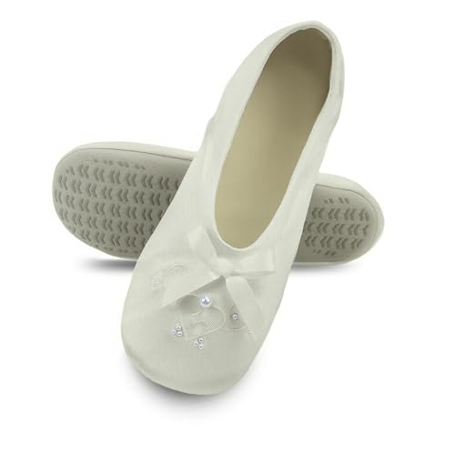 isotoner Girls Satin Ballerina with Embroidered Pearl Ballet Flat, Ivory, 13-1 Toddler - Image 4