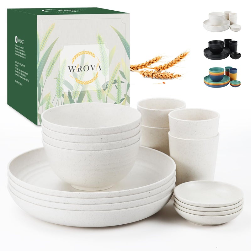 Wrova Wheat straw bowl and plate sets of 16 with cups - Unbreakable plastic dinnerware sets for kitchen - Microwave and Dishwasher safe dish sets for kitchen,camping,indoors and out doors. White - Image 1
