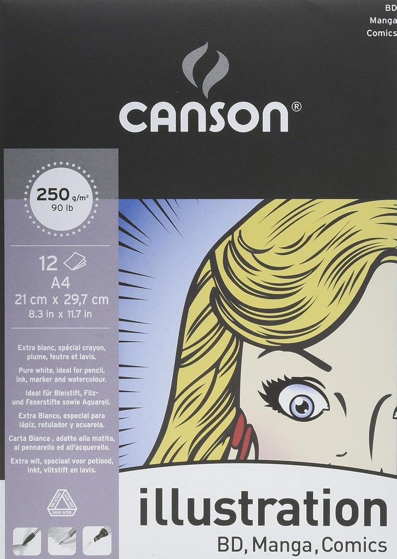 Canson Illustration 250gsm A4 Drawing Paper Pad - 12 Sheets with High-White Smooth Texture - Image 1