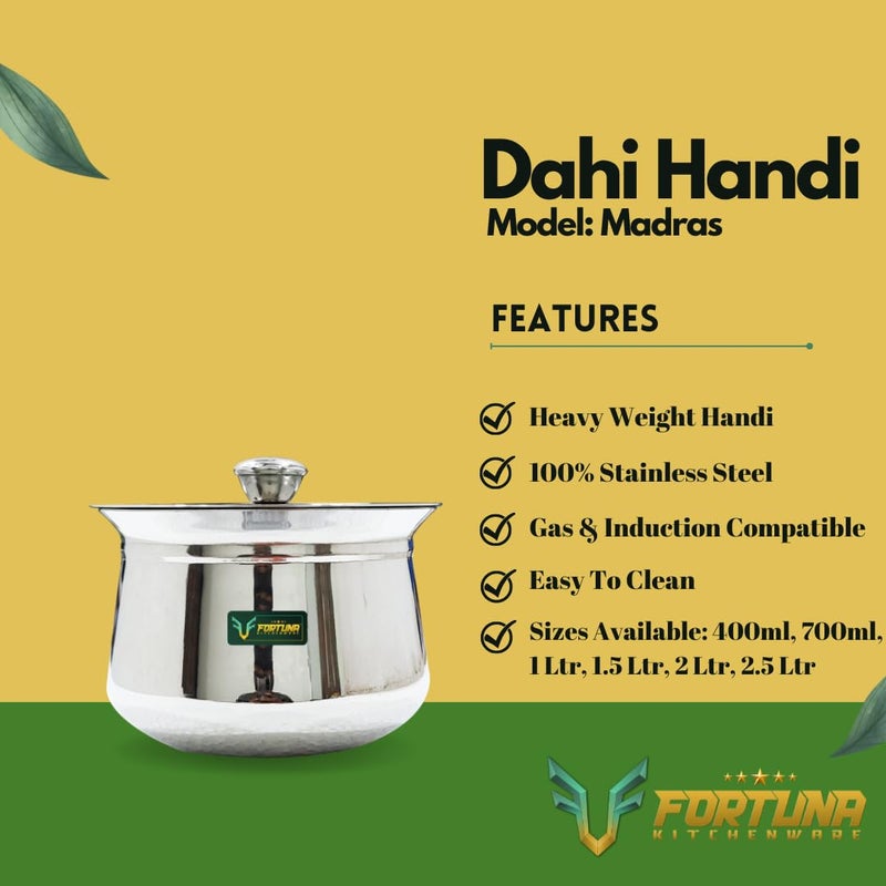 FORTUNA KITCHENWARE Heavy Gauge Dahi Handi/Curd Pot with Lid Stainless Steel Handi Utensils, Cookware & Serveware Handi for Kitchen with Lid & Knob 1000ml & 2000ml - Image 4