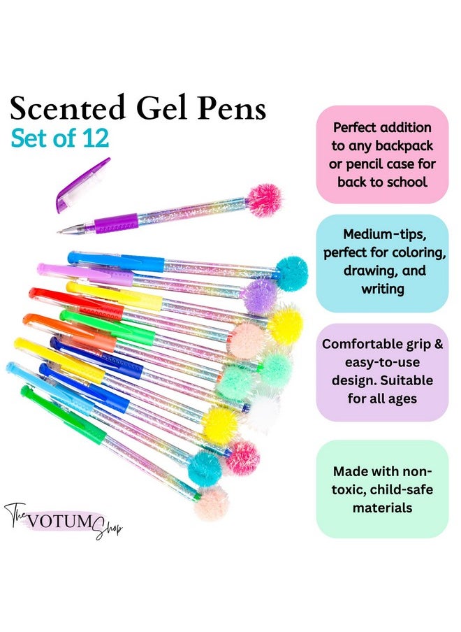 VOTUM VOTUM Colored Gel Pens for Kids - Candy Scented 12 Piece Set - Medium Point Tips with Colorful Glitter Pom Poms  - Image 4