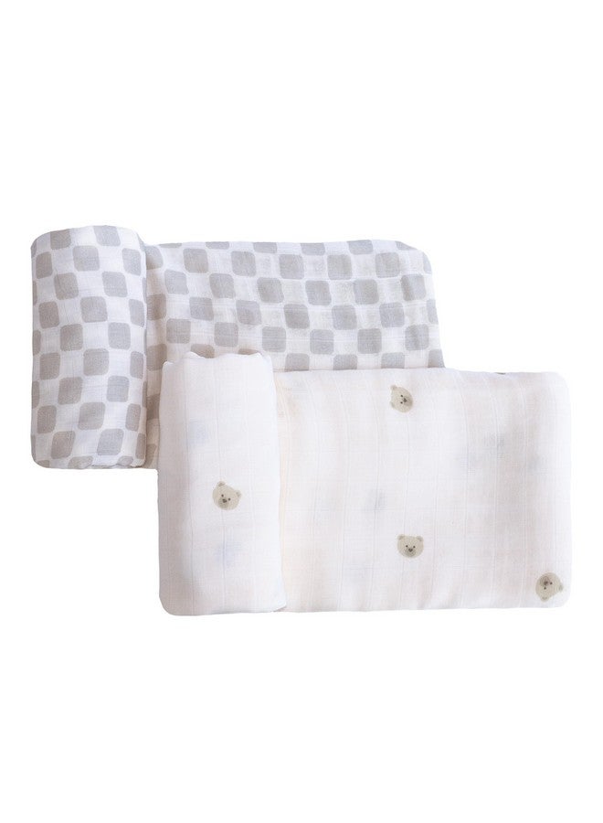 TAB Muslin Swaddle Blankets - Set of 2 Gender Neutral Patterns- Large 47"x47",Organic Cotton & Viscose from Bamboo, Extra Soft Newborn Swaddles, Baby Shower for Boys & Girls (Checkered Tan & Bears) - Image 1