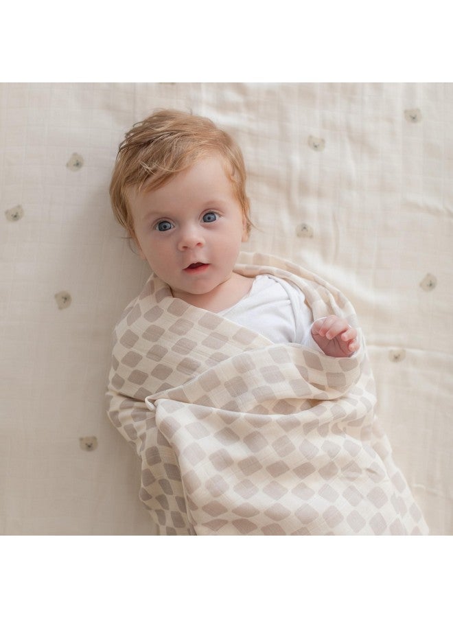 TAB Muslin Swaddle Blankets - Set of 2 Gender Neutral Patterns- Large 47"x47",Organic Cotton & Viscose from Bamboo, Extra Soft Newborn Swaddles, Baby Shower for Boys & Girls (Checkered Tan & Bears) - Image 2