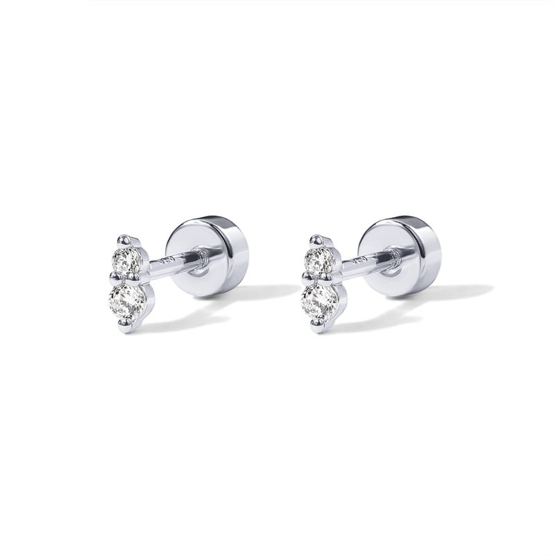 PAVOI Rhodium Plated Solid 925 Sterling Silver Post Cubic Zirconia Flat Back Earrings for Women | Deux CZ Cartilage Earring | Helix Piercing Jewelry | Small Stud Earrings - Image 3