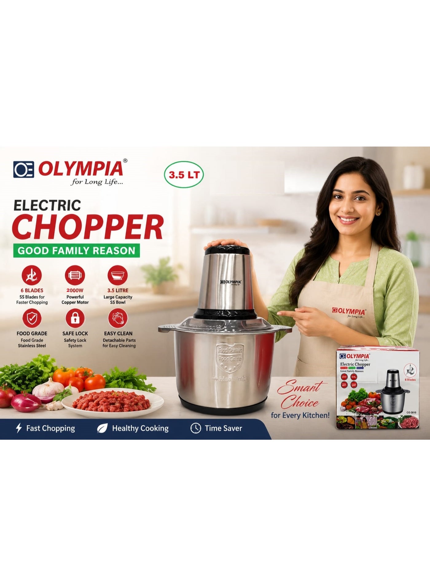 OLYMPIA Food Processor And Vegetable Chopper 3.5L Capacity Featuring 6 Stainless Steel Blades High Performance 2000W Copper Motor Food Grade Bowl Compact Design For Fast Chopping Mixing Mincing And Everyday Kitchen Convenience