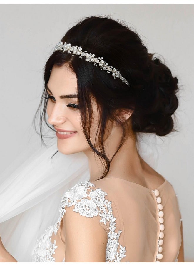 SWEETV Silver Bridal Headband Crystal Tiara For Women Pearl Wedding Headpieces For Bride Hair Accessories For Prom Birthday Party  - Image 3