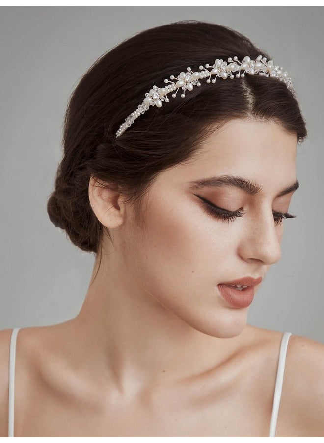 SWEETV Silver Bridal Headband Crystal Tiara For Women Pearl Wedding Headpieces For Bride Hair Accessories For Prom Birthday Party  - Image 2