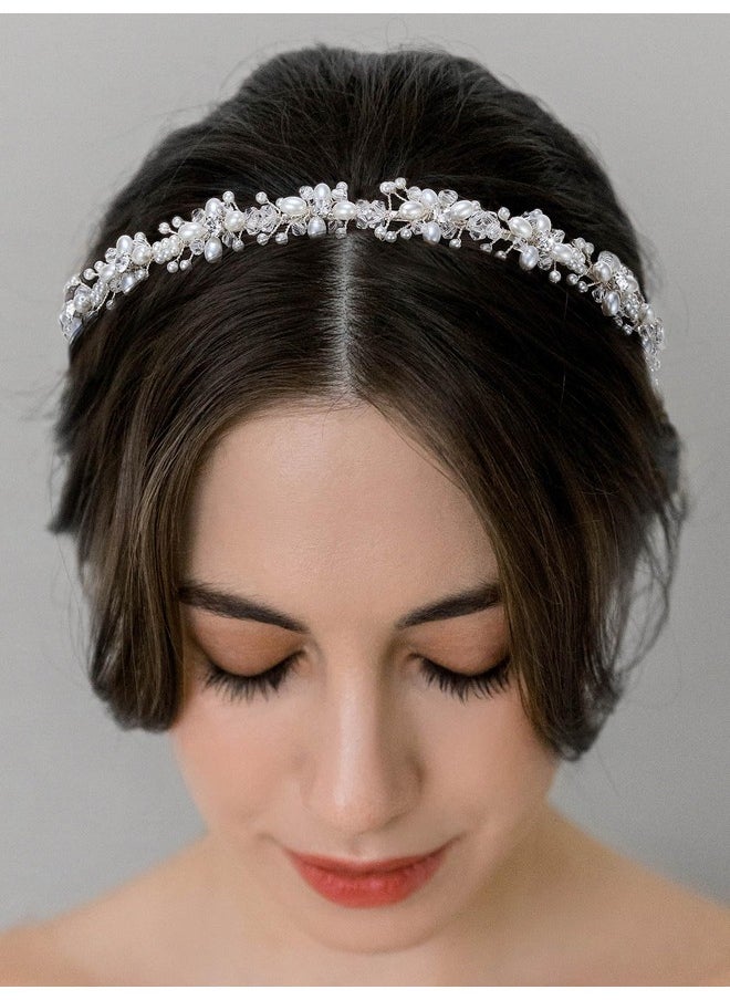 SWEETV Silver Bridal Headband Crystal Tiara For Women Pearl Wedding Headpieces For Bride Hair Accessories For Prom Birthday Party  - Image 1
