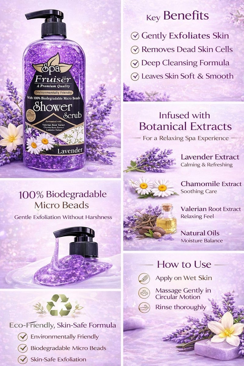 Fruiser Shower Scrub Exfoliating Body Scrub for Smooth & Glowing Skin – Deep Cleansing Moisturizing Shower Exfoliator for All Skin Types, 730ml (Lavender) - Image 3