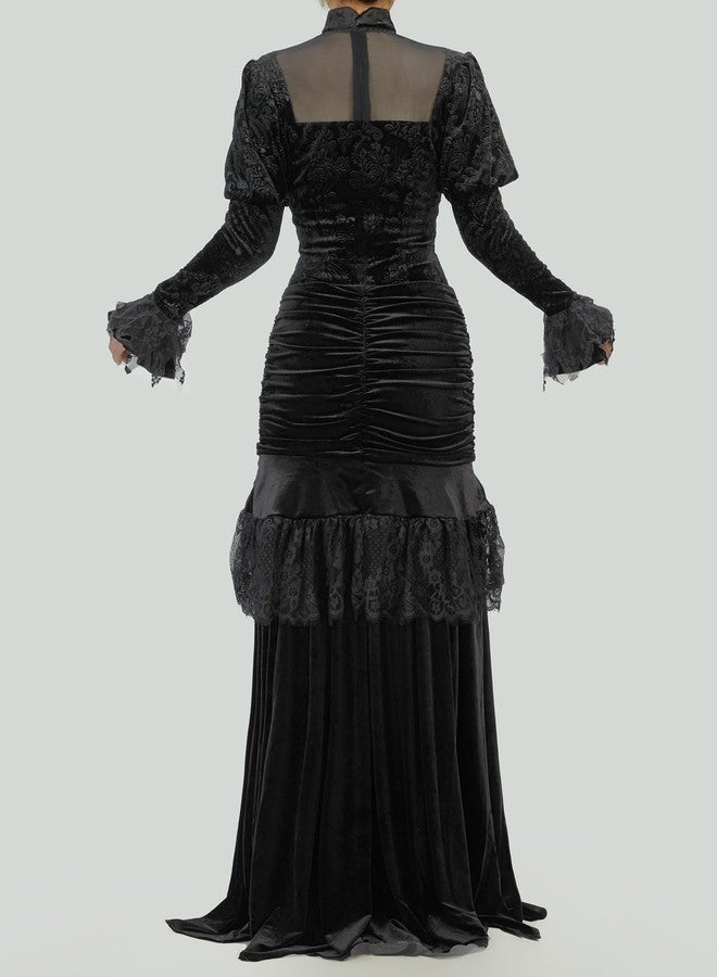 Cosplay.fm Women's Gothic Witch Vampire Dress Medieval Renaissance Fancy Dress Victorian Velvet Halloween Costume (Black, S) - Image 4