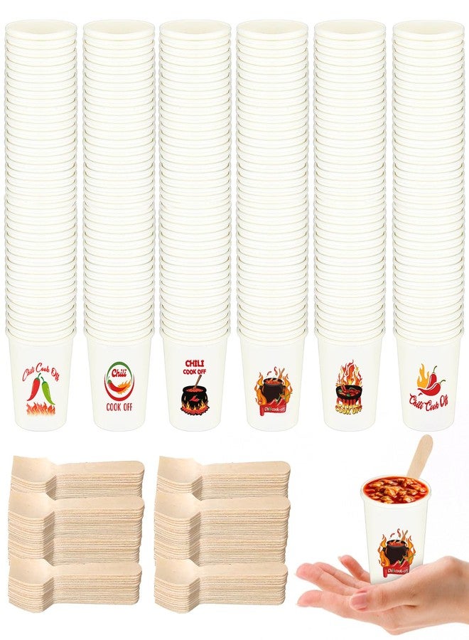 Jiytivity 600 Pcs 5 oz Chili Cook off Party Decorations Include 300 Pcs Disposable Paper Chili Tasting Cups and 300 Pcs Wooden Spoons for Chili Cook off Decorations Party Supplies - Image 1