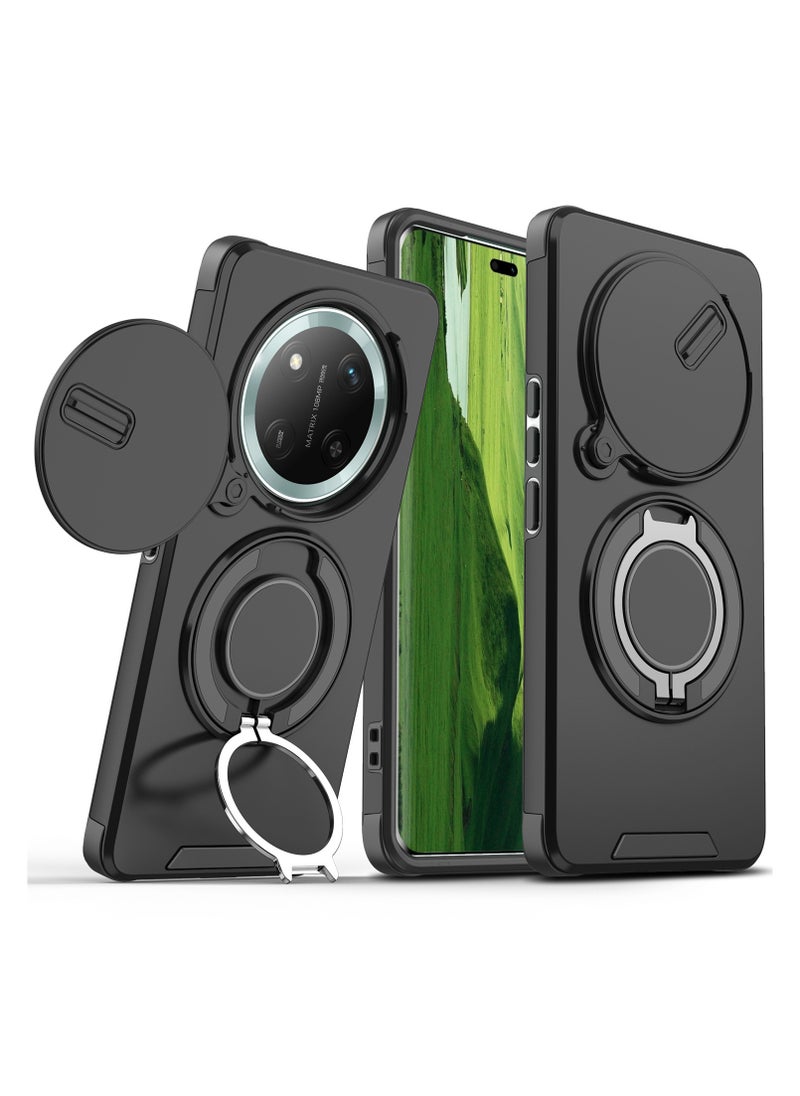Youque Honor X9c 5G Case, Heavy Duty Shockproof Protection Case with Finger Ring Phone Holder and Camera Lens Protector Slide Window, Phone Protect Case Cover for Honor X9c 5G Black  - Image 1