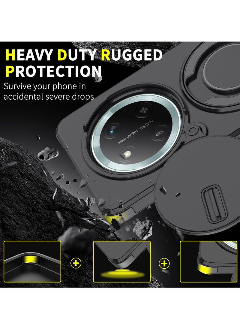 Youque Honor X9c 5G Case, Heavy Duty Shockproof Protection Case with Finger Ring Phone Holder and Camera Lens Protector Slide Window, Phone Protect Case Cover for Honor X9c 5G Black  - Image 2