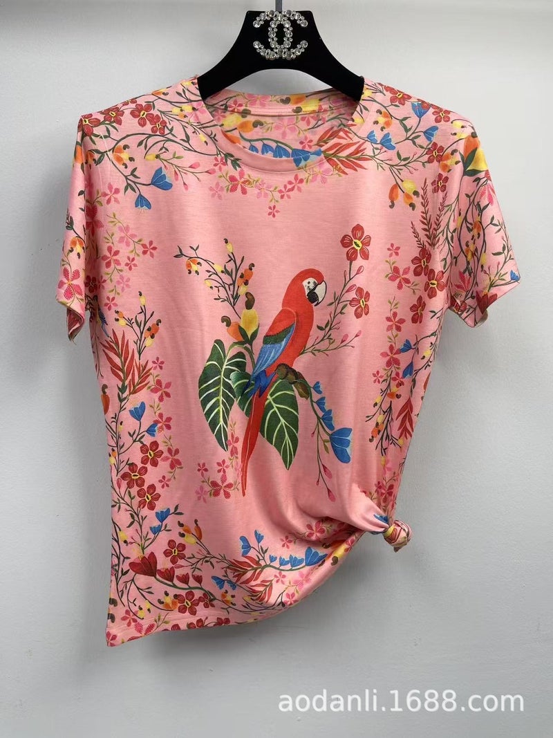 New Women'S Short Sleeve Summer All-Body Printed Baby Cotton Fashion Casual All-Match Elegant Loose Round Neck Breathable T - Image 1